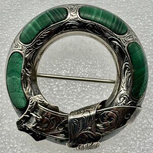 Antique Victorian Scottish Sterling Silver Malachite Pebble Brooch Garter Buckle
